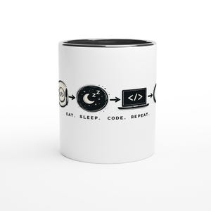 Op de afbeelding: Een witte keramische mok met een zwarte binnenkant, voorzien van een grafische cyclus van iconen die een bord, een maan met Z's, een laptop met code-haakjes en een cirkelvormige pijl voorstellen. Onder de iconen staat de tekst EAT. SLEEP. CODE. REPEAT.