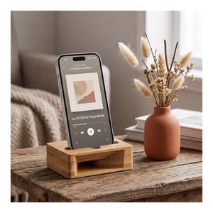 Puede incluir: Un soporte rectangular para teléfono hecho de bambú claro con una ranura de amplificación acústica integrada. Un teléfono inteligente está colocado en el soporte, mostrando una interfaz de reproductor de música con el texto Lo-Fi Chill.