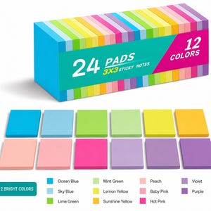 May include: A set of 24 sticky note pads in 12 bright colors, including ocean blue, sky blue, lime green, mint green, lemon yellow, sunshine yellow, peach, baby pink, hot pink, violet, and purple. The packaging displays 24 PADS 3X3 STICKY NOTES.