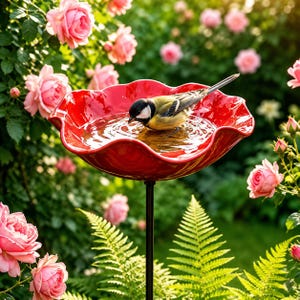 Peut inclure: Un bain d'oiseaux rouge vif avec un bord festonné, monté sur un fin poteau métallique noir. Un petit oiseau au plumage jaune, noir et blanc est posé dans la vasque et boit l'eau. La vasque présente une finition lisse et brillante.