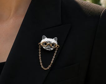 Grillige kattenbroche met bril en ketting, zilver-goudkleurige katachtige reversspeld, schattige dierenbroche voor colbert, cadeau voor kattenliefhebbers