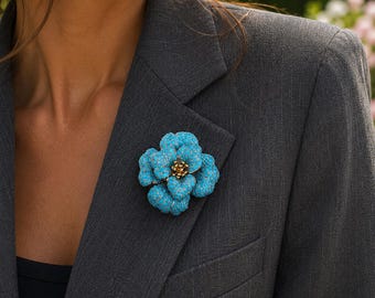 Turquoise Camellia Flower Brooch, Elegant Floral Brooch for Women, Gold Tone Flower Brooch, Statement Jewelry, Gift for Her