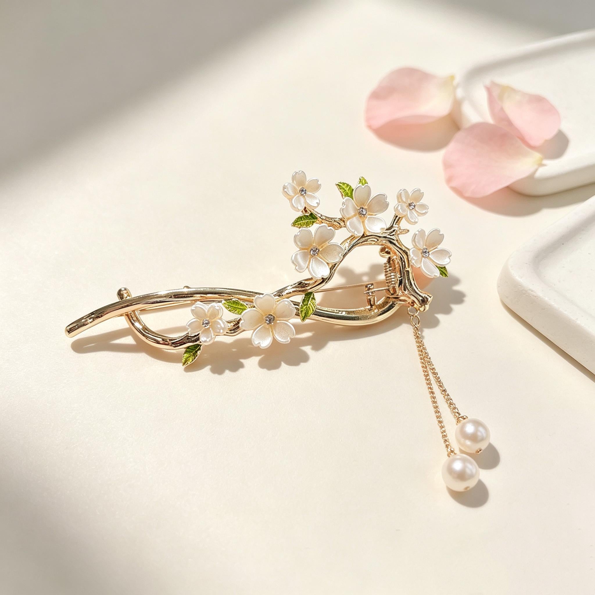 White Floral Branch Brooch with Pearl Dangles, Gold Tone Botanical Flower Pin, Elegant Jewelry Gift for Her