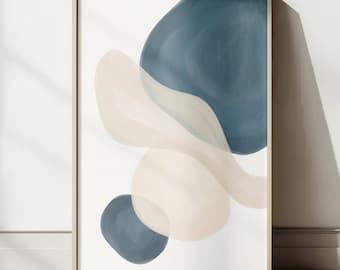 Navy Blue Abstract Shapes Print, Cream Organic Wave Wall Art