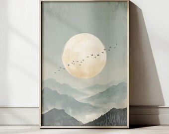 Moon Mountain Wall Art Print | Boho Landscape Poster