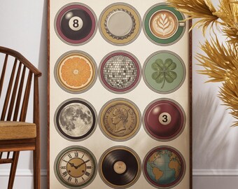 Vintage Circle Grid Print | 12 Retro Icons Eclectic Wall Art