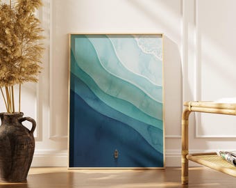 Aerial Ocean Waves Watercolor — Minimalist Coastal Wall Art Print