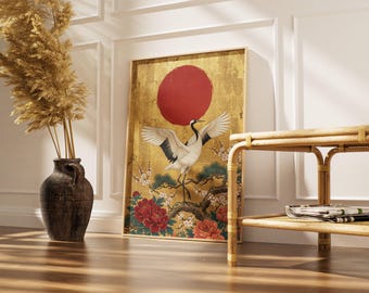 Japanese Crane Red Sun Gold Wall Art Print