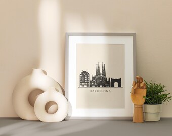 Barcelona Landmarks Print — Minimalist Black Cream City Wall Art