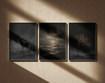 Dark Moody Art Set — Tree, Stag & Ocean Prints