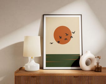 Terracotta Sun Birds Flock Minimalist Wall Art Print