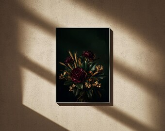 Burgundy Peony & Wheat Print | Moody Dark Floral Art