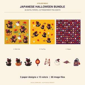 Może przedstawiać: Cyfrowy zestaw zatytułowany ATELIER NEKO JAPANESE HALLOWEEN BUNDLE zawierający 36 cyfrowych papierów i 30 przezroczystych plików PNG. Zawiera trzy wzory z kotami-czarownicami, motywami herbacianymi i wzorami wagara oraz pojedyncze ikony kotów, lampionów i duchów.