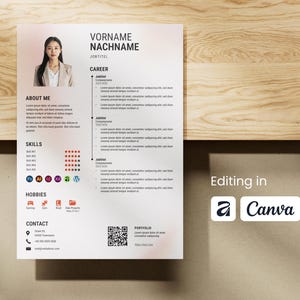 Op de afbeelding: Een cv-sjabloon met een foto van een vrouw in een blazer. Het document bevat secties voor "Over mij", "Vaardigheden" en "Hobby's". De tekst "Editing in Canva" wordt weergegeven met het Canva-logo.