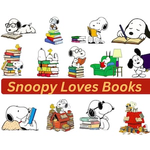 Może przedstawiać: Kolekcja ilustracji Snoopy'ego z książkami. Snoopy jest przedstawiony podczas czytania, pisania i otoczony stosami książek. Fraza "Snoopy Loves Books" jest wyświetlana na czerwonym banerze.