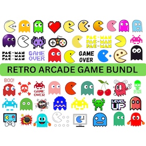 May include: A digital collection of pixel art icons featuring Pac-Man characters, ghosts in various colors, game controllers, cherries, and text elements including PAC-MAN, GAME OVER, BOO, and LEVEL UP, all arranged on a white background.