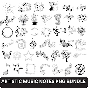 May include: A collection of black and white graphic illustrations featuring various musical notes, treble clefs, butterflies, trees, stars, and swirling patterns. The bottom text reads ARTISTIC MUSIC NOTES PNG BUNDLE in white capital letters.