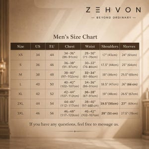 May include: A brown and white size chart titled ZEHVON BEYOND ORDINARY. The table lists sizes XS through 3XL with corresponding US and EU measurements for chest, waist, shoulders, and sleeves in inches and centimeters. Text reads: If you have any questions, feel free to message us.