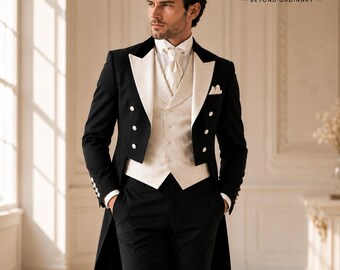 Men's Black Tailcoat Tuxedo, Ivory Brocade Waistcoat, White Peak Lapels – Formal Wedding Ensemble