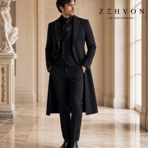 May include: A black three-piece suit featuring a long coat with embroidered lapels, a double-breasted vest, and matching trousers. The ensemble includes a black cravat and is branded with the text Z E H V O N BEYOND ORDINARY in the upper right corner.