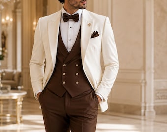 Men's Ivory Tuxedo Jacket, Brown Double-Breasted Waistcoat, Trousers, Old Money Style