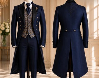 Navy Blue Victorian Tailcoat Suit, Brocade Waistcoat, Regency Formal Wear Groom's Attire