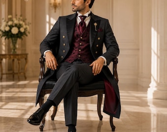 Charcoal Grey Tailcoat Suit, Burgundy Vest, Black Satin Lapels, Victorian Formal Wear