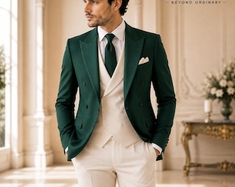 Men's Emerald Green Double Breasted Suit, Ivory Vest & Trousers, Formal Wedding Groom Outfit
