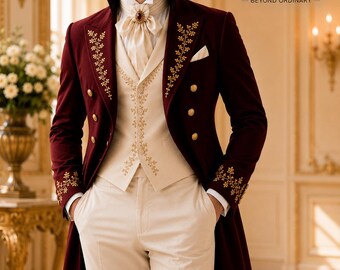 Burgundy Embroidered Tailcoat Suit, Regency Victorian Formalwear, Old Money Tuxedo