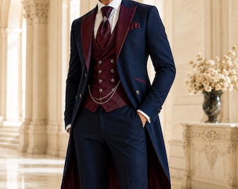 Navy Burgundy Tailcoat Tuxedo Suit: Three-Piece Formal Wedding Attire
