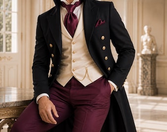 Black Regency Tailcoat Suit, Ivory Waistcoat, Burgundy Trousers, Victorian Groom Wedding