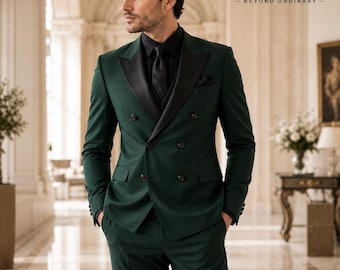 Men's Emerald Green Double Breasted Suit, Black Satin Lapel, Old Money Formal Wear