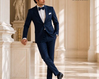 Men's Navy Blue Three-Piece Tuxedo, Wedding Groom Formal Suit, Old Money Style