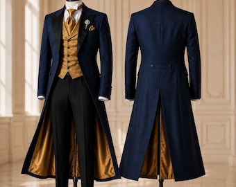 Navy Blue Victorian Tailcoat Suit, Gold Waistcoat, Formal Trousers, Regency Attire