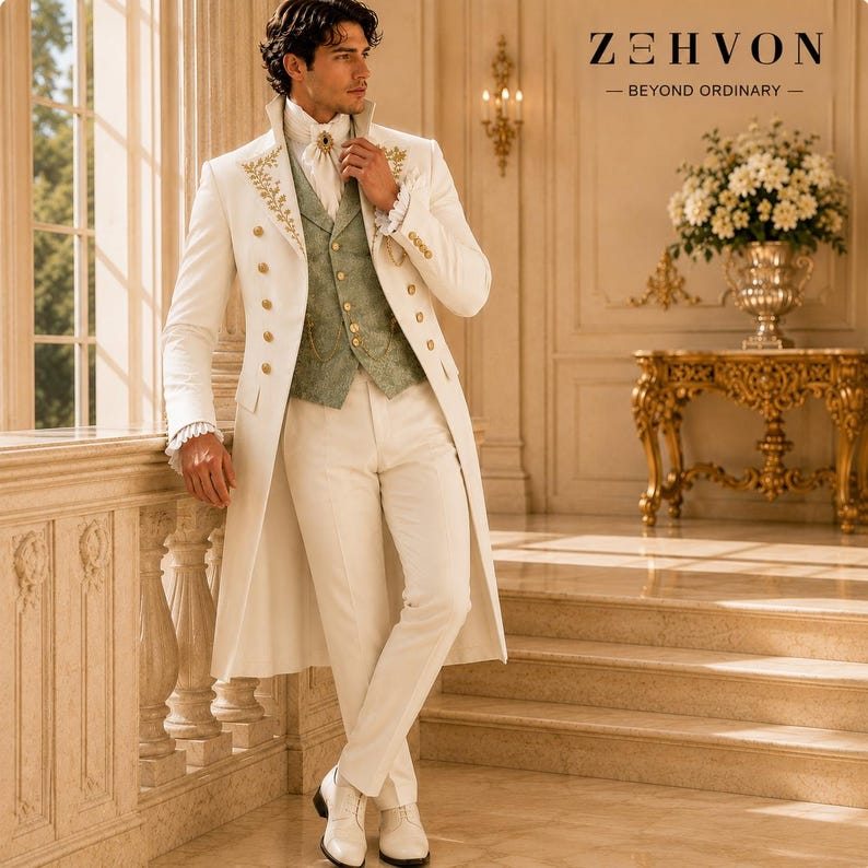 May include: A cream-colored long coat with gold embroidery on the lapels, worn over a sage green patterned vest and matching cream trousers. The outfit includes a white shirt with a ruffled collar and gold buttons. Text reads Z E H V O N.