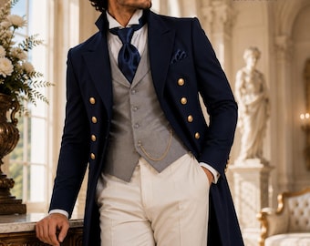 Navy Regency Tailcoat Suit, Gray Waistcoat, Ivory Trousers, Bridgerton Formal Menswear