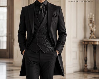 Schwarzer Viktorianischer Frack, 3-Teiliger Gothic Smoking