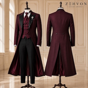 May include: A burgundy tailcoat suit featuring a patterned vest, a white dress shirt, a matching burgundy tie, and black trousers. The ensemble includes a lapel pin and is displayed on two mannequins showing the front and back views with ZEHVON text.