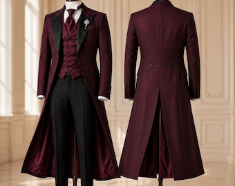 Burgundy Victorian Tailcoat Suit, Gothic Groom Tuxedo, Regency Formal Wear, Aristocrat Coat