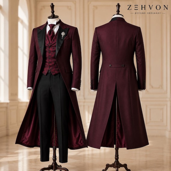Burgundy Victorian Tailcoat Suit, Gothic Groom Tuxedo, Regency Formal Wear, Aristocrat Coat