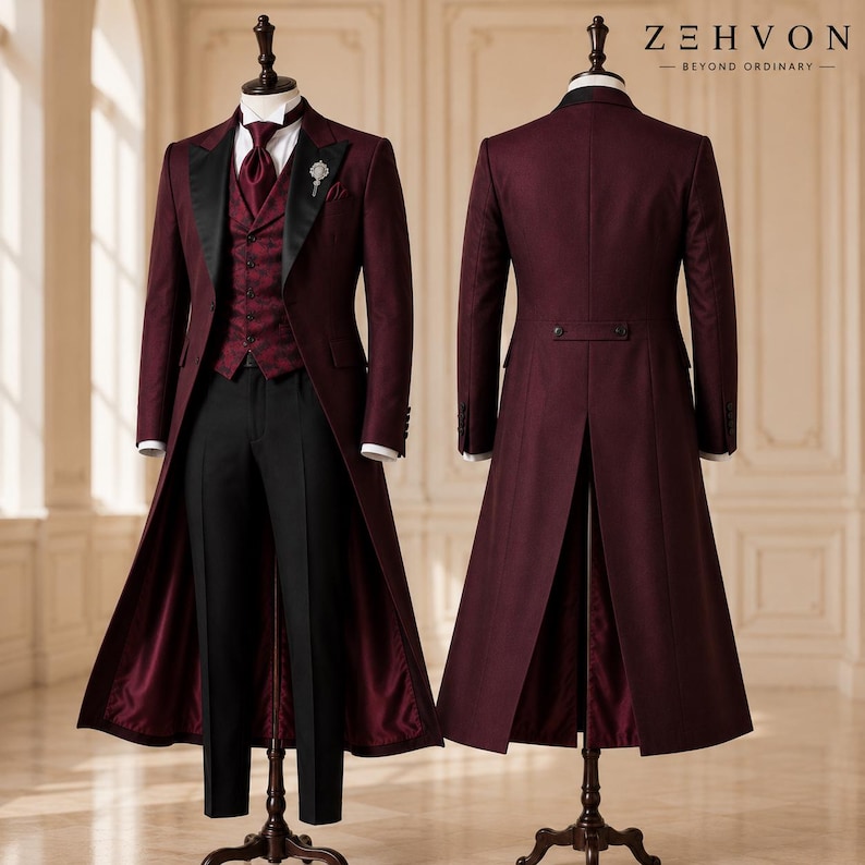 May include: A burgundy tailcoat suit featuring a patterned vest, a white dress shirt, a matching burgundy tie, and black trousers. The ensemble includes a lapel pin and is displayed on two mannequins showing the front and back views with ZEHVON text.