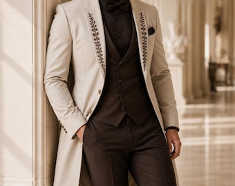 Men's Victorian Tailcoat Suit, Ivory Long Coat, Brown 3-Piece Formal Ensemble