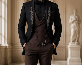 Men's Black Tuxedo Suit, Chocolate Brown Vest, Embroidered Lapels, Formal Gala Wear