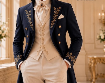 Navy Blue Tailcoat Suit, Gold Embroidered Regency Formalwear, Wedding Groom Attire