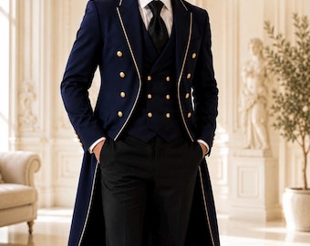 Navy Blue Royal Tailcoat Suit, Victorian Formalwear, Gold Piping, Military Buttons