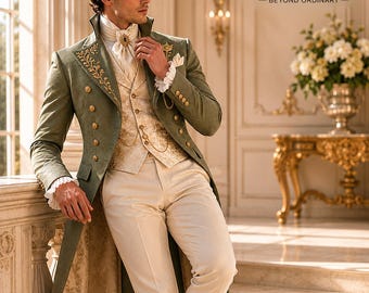 Sage Green Regency Tailcoat Men's Formal Wedding Suit, Victorian Groom Frock Coat Tuxedo,bridgerton