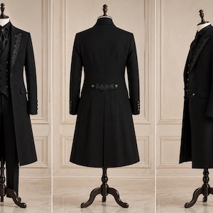 May include: A black three-piece suit featuring a long coat with intricate embroidery on the lapels and back waist, a matching vest, and trousers. The ensemble is displayed on a mannequin from front, back, and side views with the text ZEHVON.