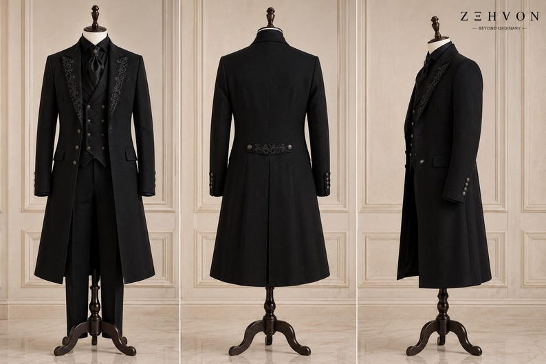 May include: A black three-piece suit featuring a long coat with intricate embroidery on the lapels and back waist, a matching vest, and trousers. The ensemble is displayed on a mannequin from front, back, and side views with the text ZEHVON.