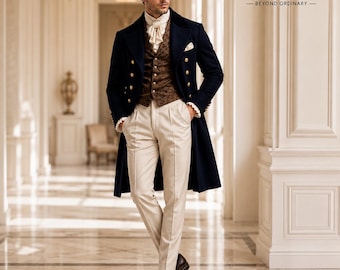 Navy Regency Tailcoat Suit, Embroidered Waistcoat, Cream Trousers, Old Money Formal Wear