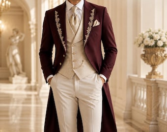 Burgundy Tailcoat Suit, Embroidered Lapels, Ivory Waistcoat, Formal Tuxedo, Old Money Style